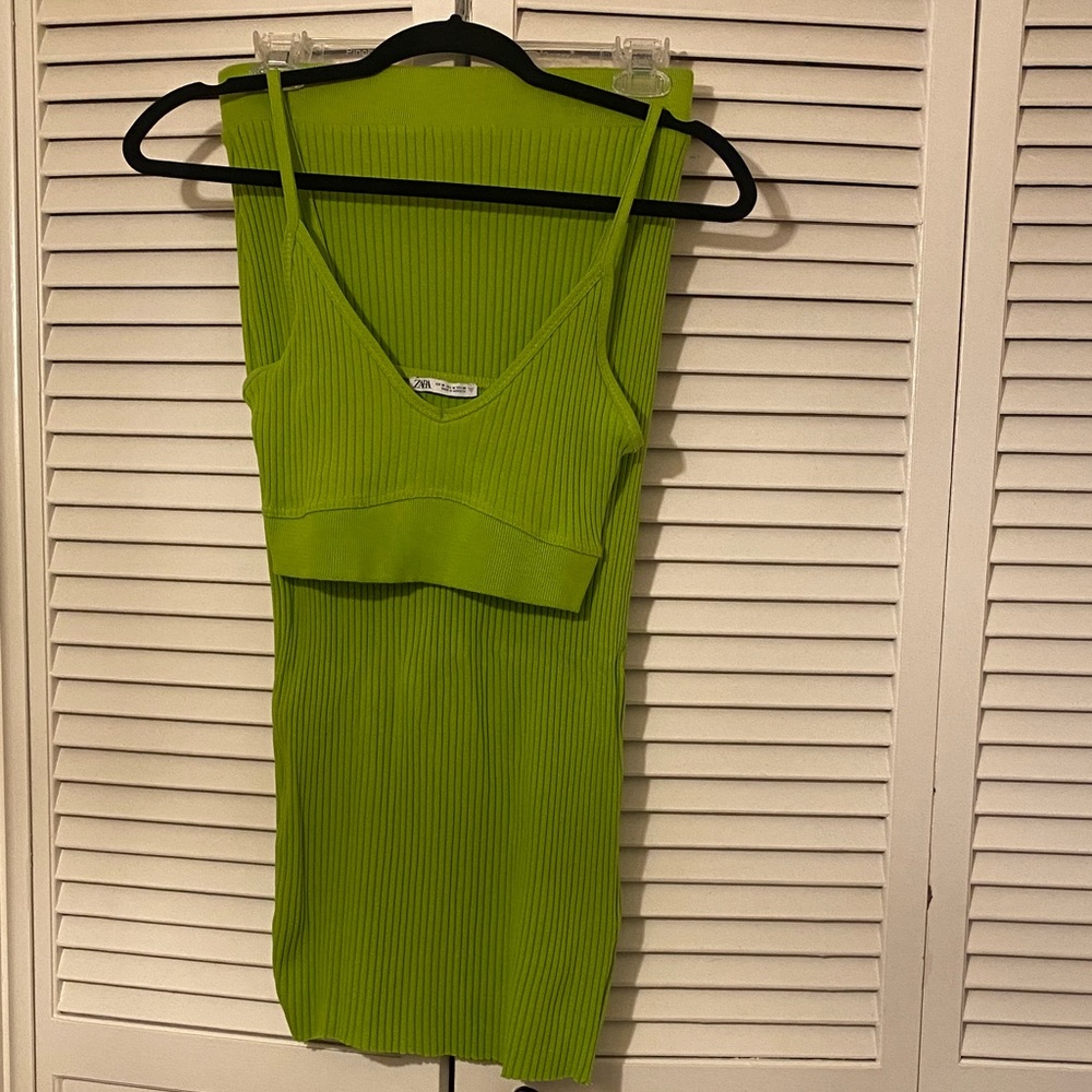 Zara Lime Green Ribbed crop top and midi skirt set